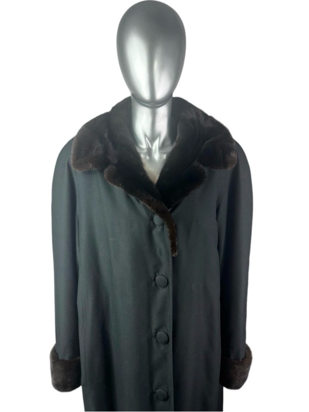 Black Sheared NUTRIA Lined Poplin Raincoat w/Ranch MINK Collar & Cuffs, Size L,